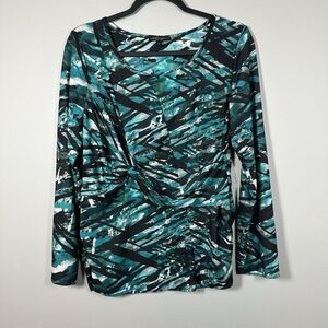Alberto Makali Large Green Teal‎ Black White Faux Tie Front Long Sleeve Top